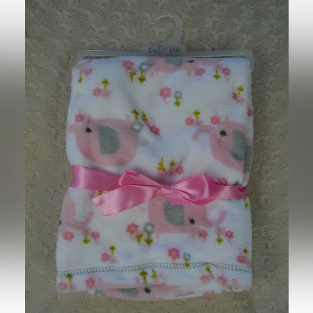 Cutie Pie Elephants Baby Blanket Pink White Gray Flowers Floral Green Plush Soft